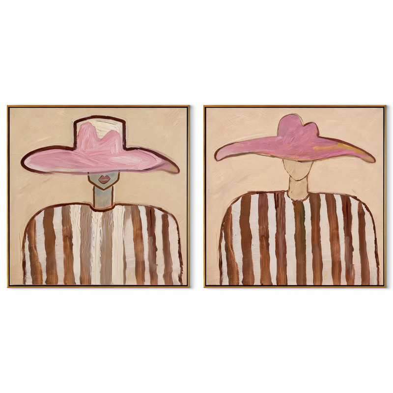 Pink Brims Meet Stripes – pink Western Portrait Diptych Painting | Modern Vintage Americana Set of 2 Wall Art