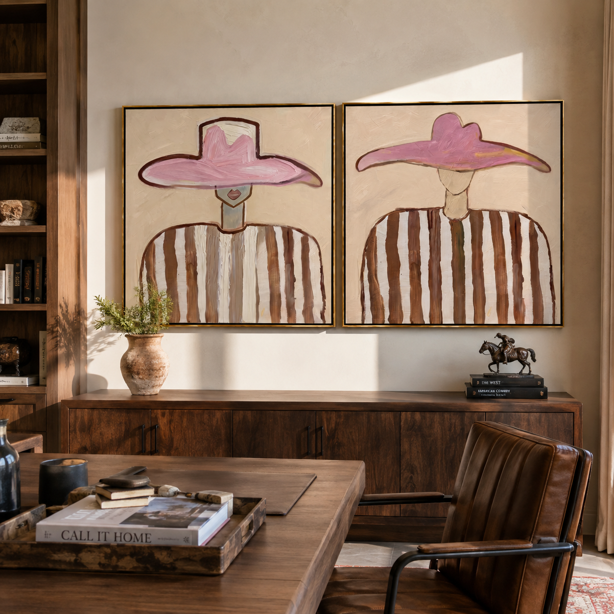 Pink Brims Meet Stripes diptych presented with natural materials and decor