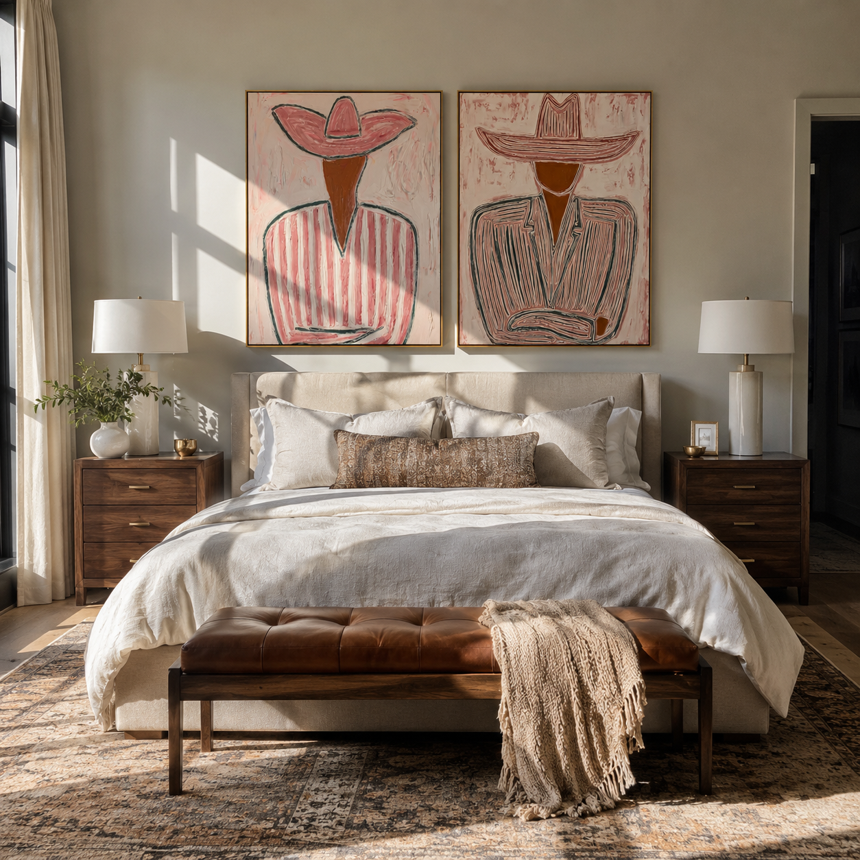 Cowboy Lines Hold Rose Western diptych displayed in a contemporary interior