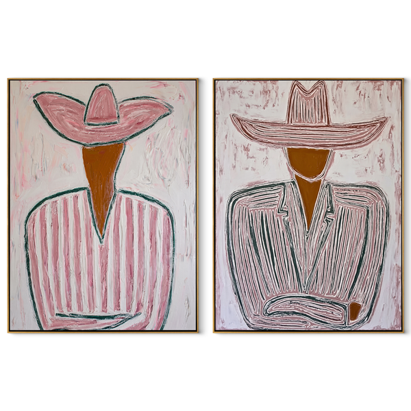Cowboy Lines Hold Rose – pink Western Portrait Diptych Painting | Modern Vintage Americana Set of 2 Wall Art