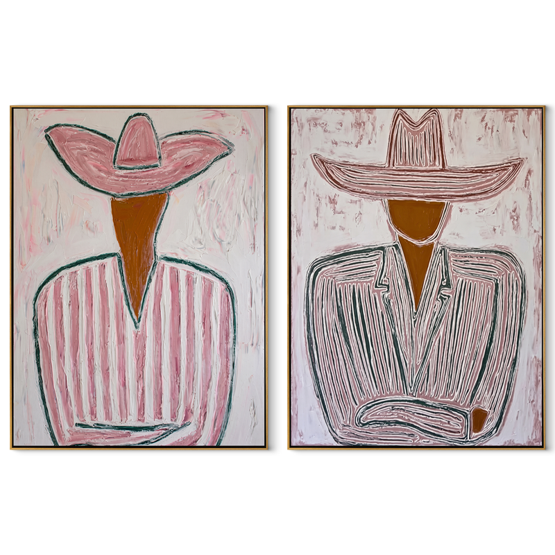 Cowboy Lines Hold Rose – pink Western Portrait Diptych Painting | Modern Vintage Americana Set of 2 Wall Art