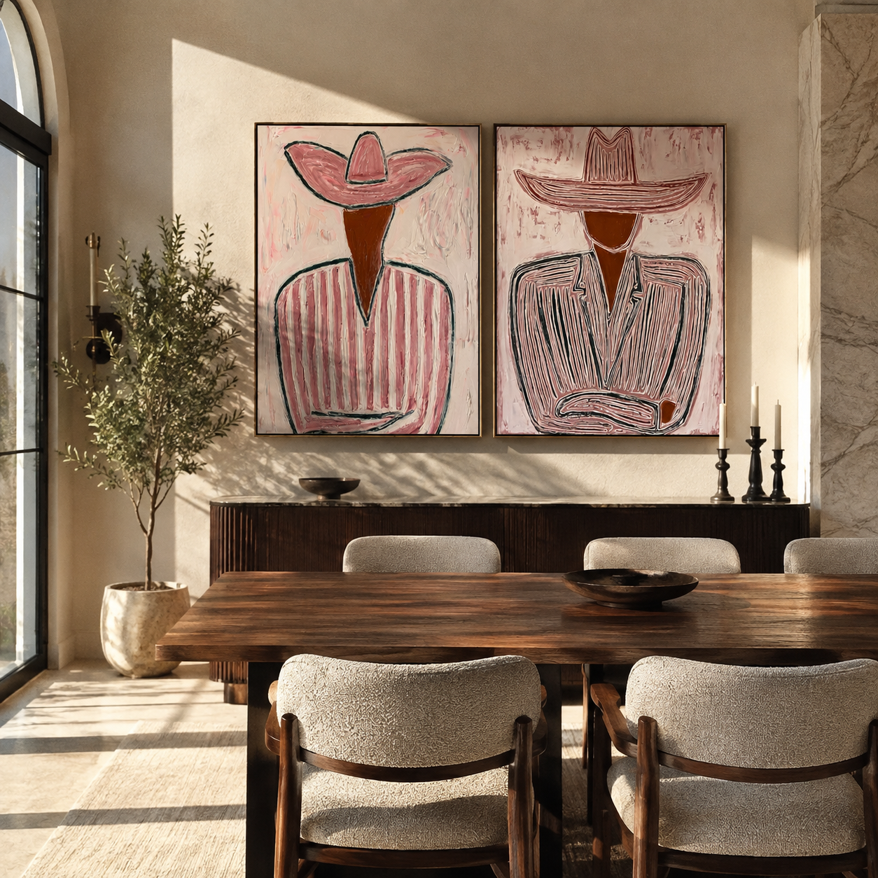 Cowboy Lines Hold Rose paired wall art styled above modern furniture