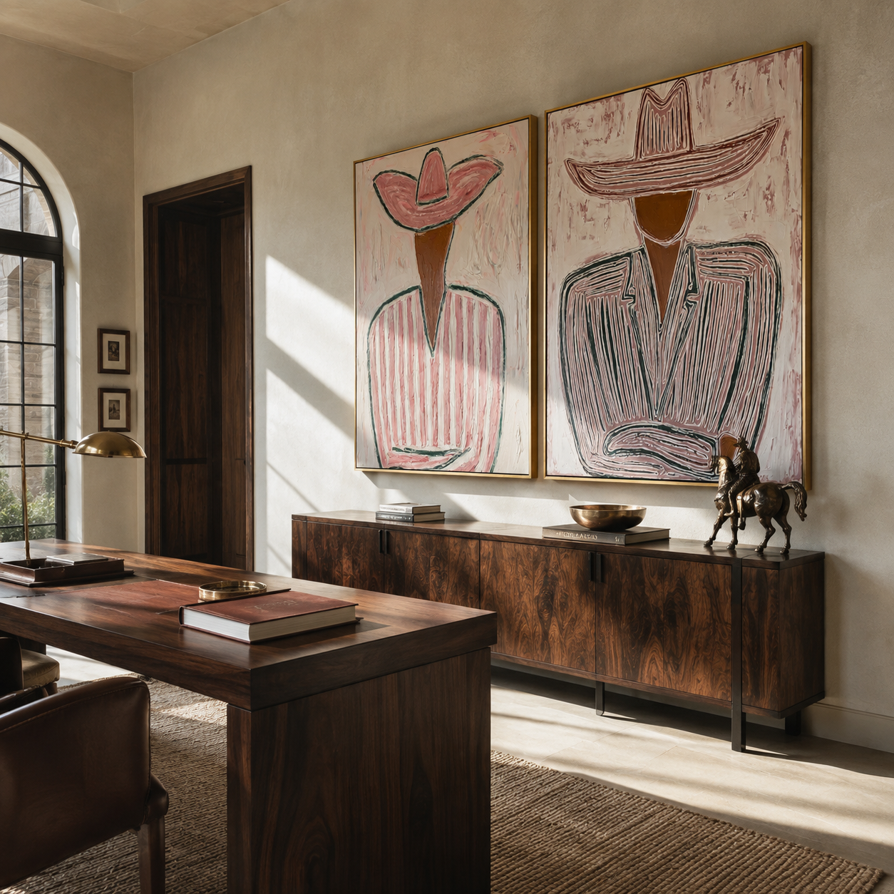 Cowboy Lines Hold Rose Vintage Americana diptych in a collected room