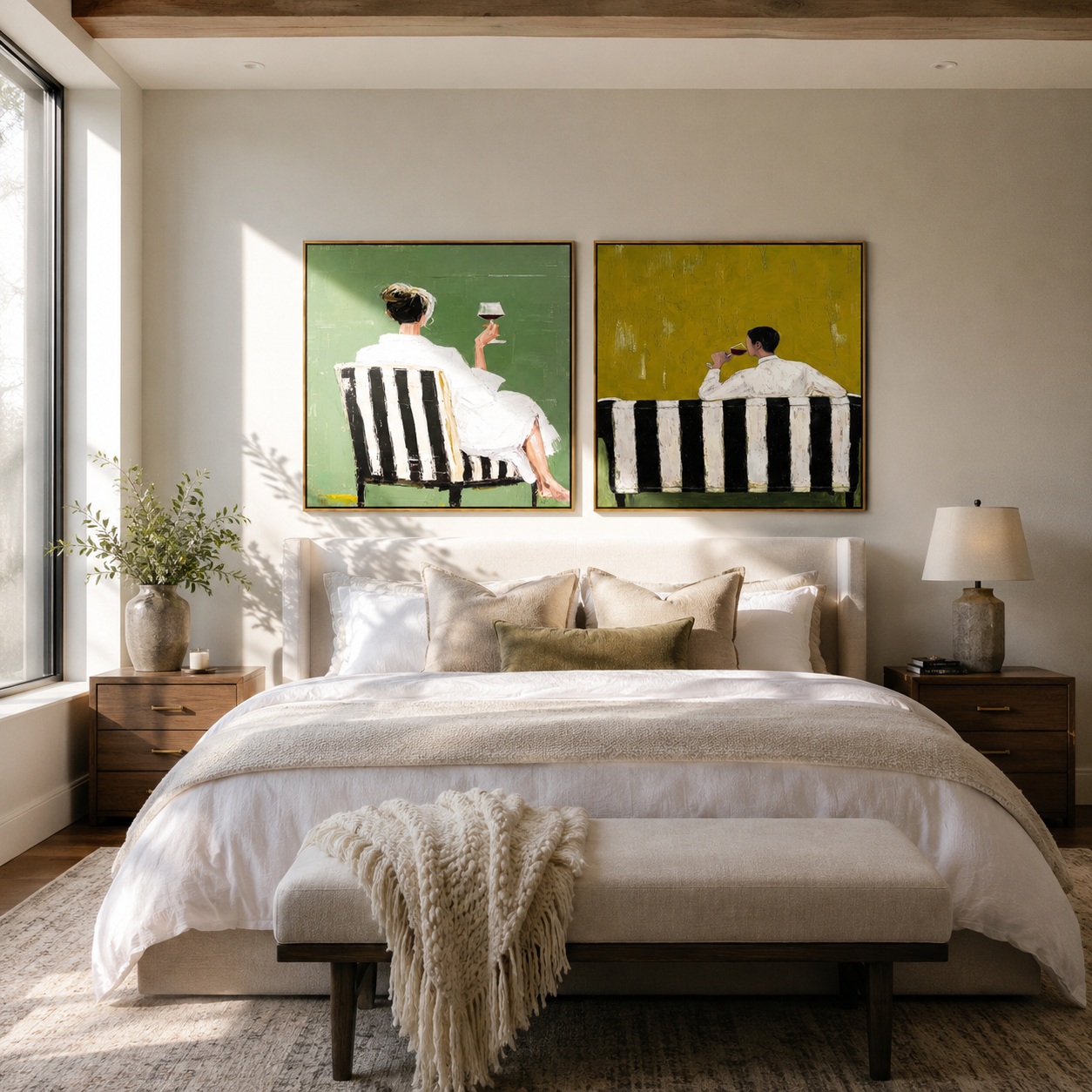 Green Backs Share Stillness Western diptych displayed in a contemporary interior