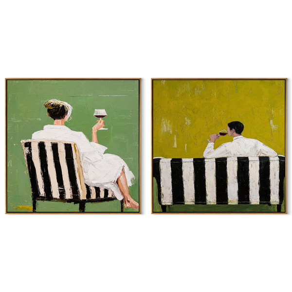 Green Backs Share Stillness – green Western Portrait Diptych Painting | Modern Vintage Americana Set of 2 Wall Art