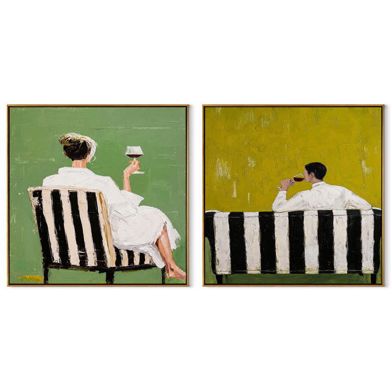 Green Backs Share Stillness – green Western Portrait Diptych Painting | Modern Vintage Americana Set of 2 Wall Art