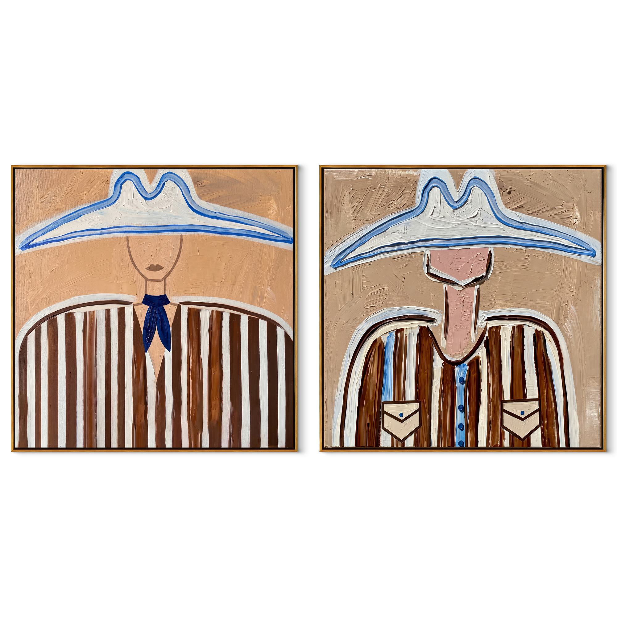 Blue Outlines Frame Cowboys set of two square canvas artworks on white