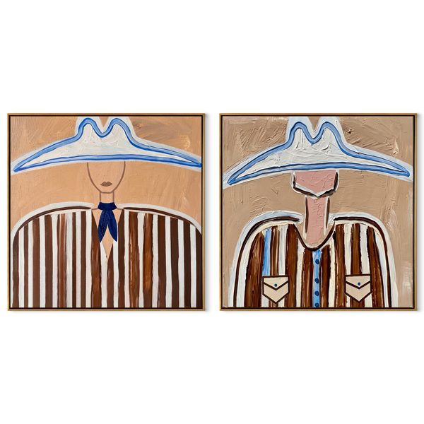 Blue Outlines Frame Cowboys – blue Western Portrait Diptych Painting | Modern Vintage Americana Set of 2 Wall Art