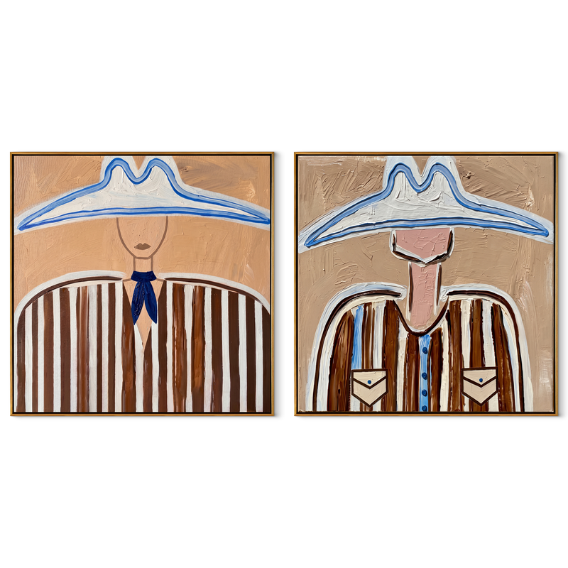 Blue Outlines Frame Cowboys – blue Western Portrait Diptych Painting | Modern Vintage Americana Set of 2 Wall Art
