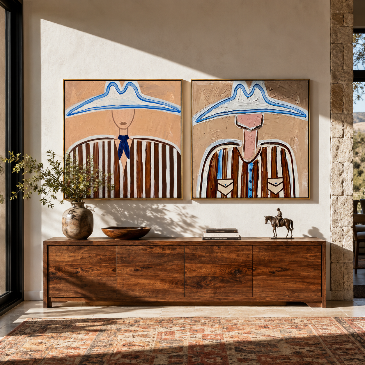 Blue Outlines Frame Cowboys paired wall art styled above modern furniture
