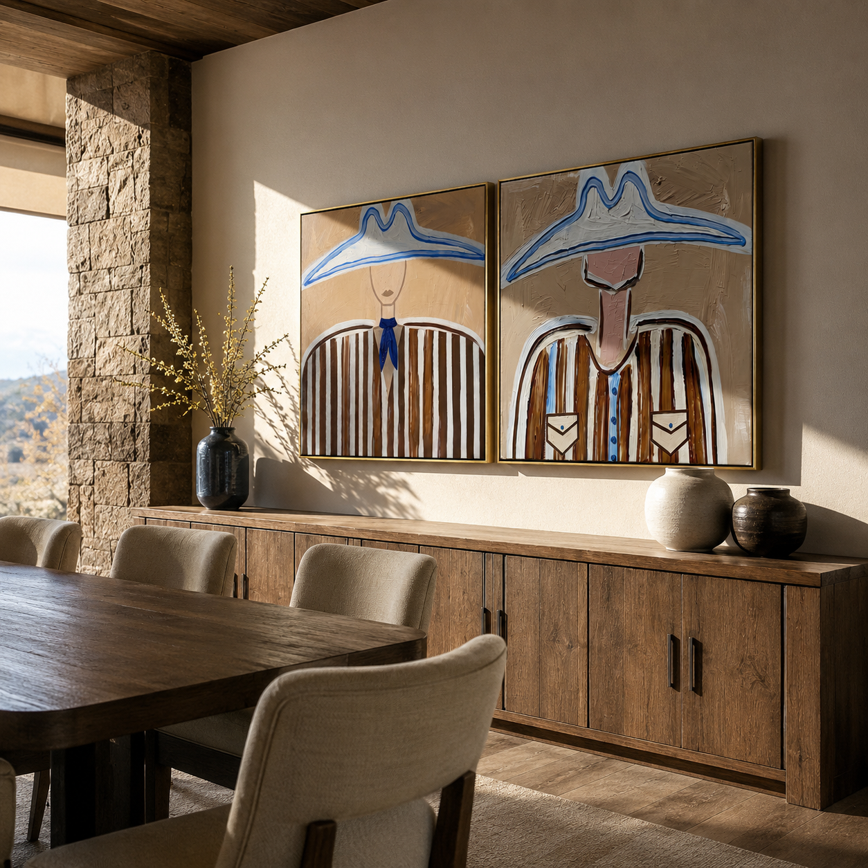 Blue Outlines Frame Cowboys Vintage Americana diptych in a collected room