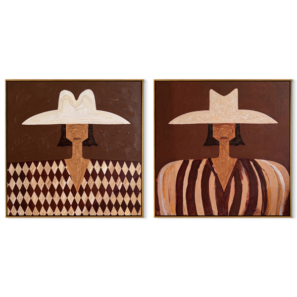 Diamond Shirts Meet Dust – brown Western Portrait Diptych Painting | Modern Vintage Americana Set of 2 Wall Art