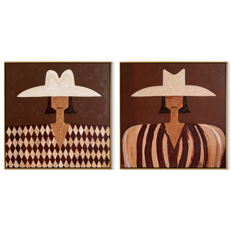 Diamond Shirts Meet Dust – brown Western Portrait Diptych Painting | Modern Vintage Americana Set of 2 Wall Art