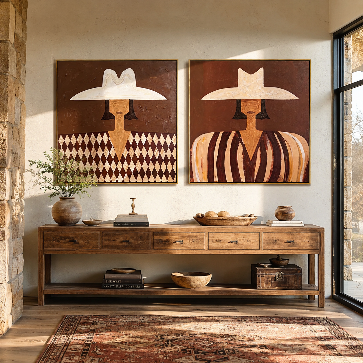 Diamond Shirts Meet Dust diptych presented with natural materials and decor