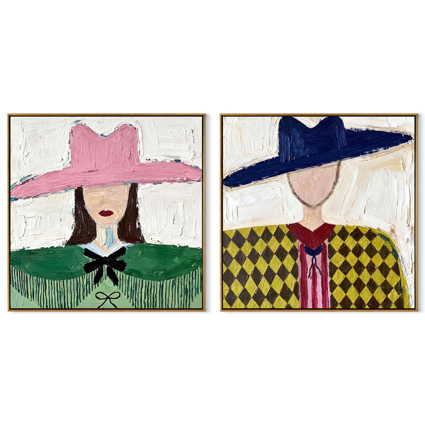 Fashion Brims Hold Earth – green Western Portrait Diptych Painting | Modern Vintage Americana Set of 2 Wall Art