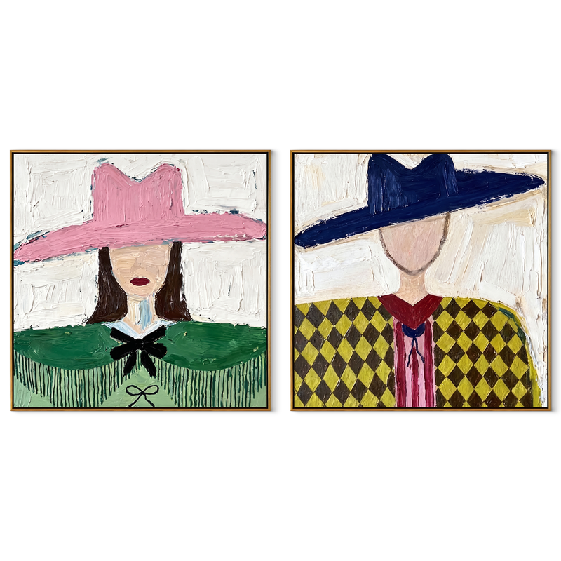 Fashion Brims Hold Earth – green Western Portrait Diptych Painting | Modern Vintage Americana Set of 2 Wall Art