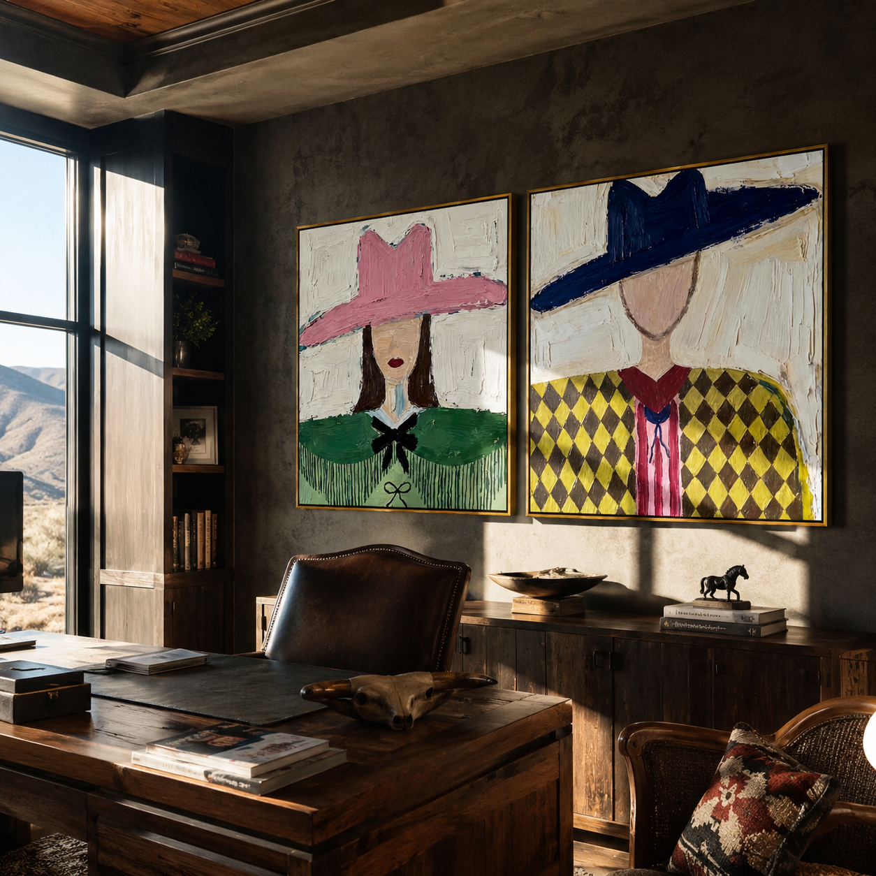 Fashion Brims Hold Earth Vintage Americana diptych in a collected room