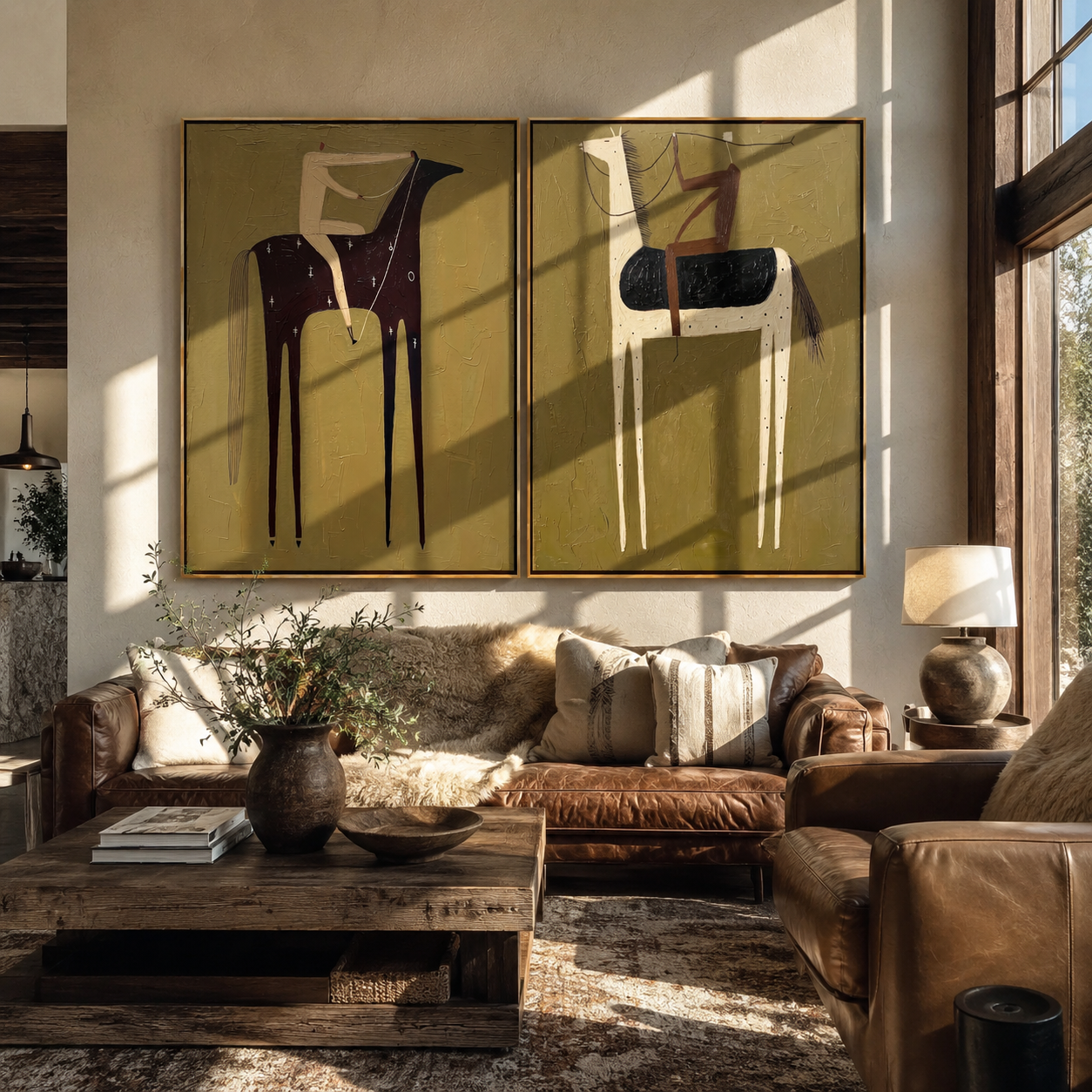 Olive Riders Cross Quiet Western diptych displayed in a contemporary interior