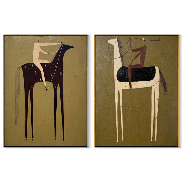 Olive Riders Cross Quiet – olive Western Rider Diptych Painting | Modern Vintage Americana Set of 2 Wall Art