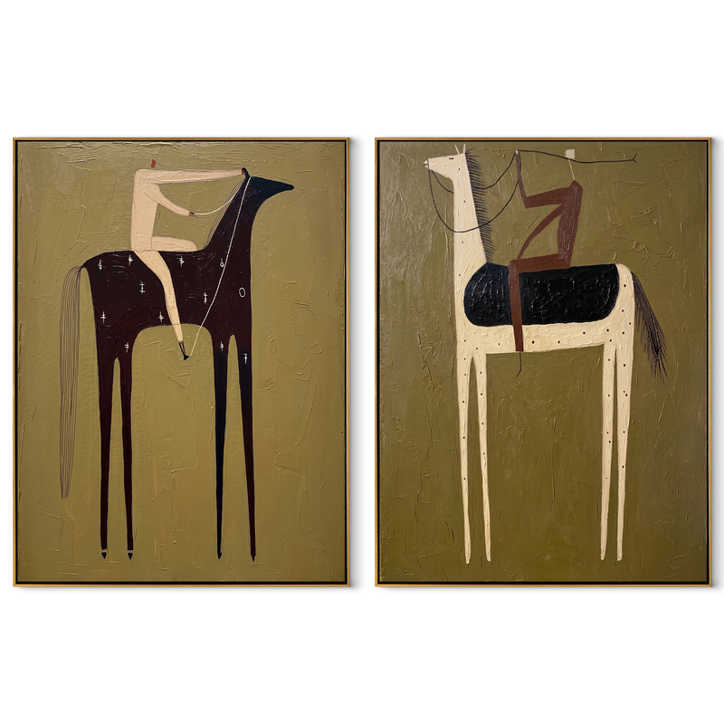 Olive Riders Cross Quiet – olive Western Rider Diptych Painting | Modern Vintage Americana Set of 2 Wall Art