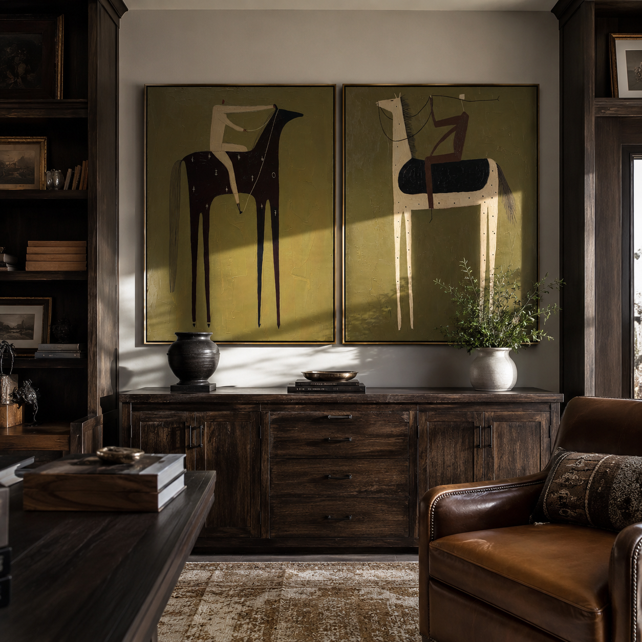 Olive Riders Cross Quiet paired wall art styled above modern furniture