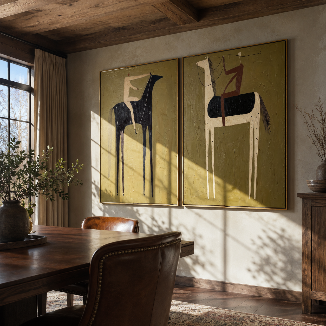 Olive Riders Cross Quiet diptych presented with natural materials and decor