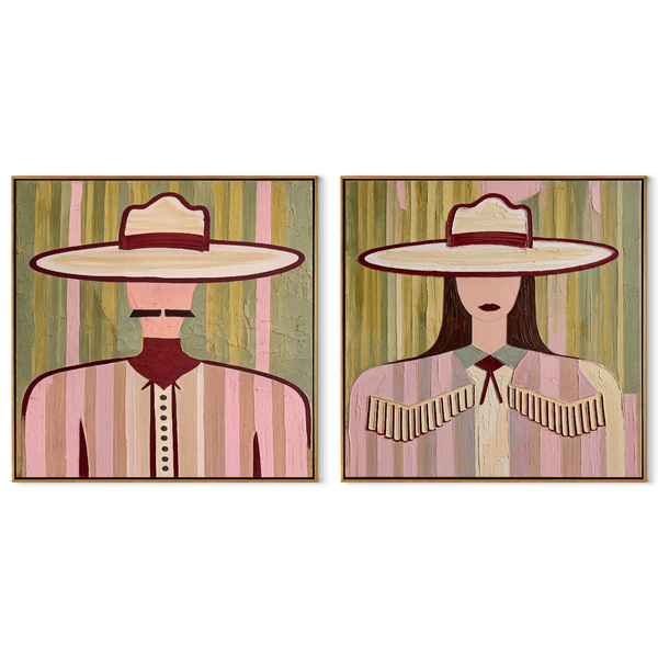 Pastel Brims Close Day – pink Western Portrait Diptych Painting | Modern Vintage Americana Set of 2 Wall Art