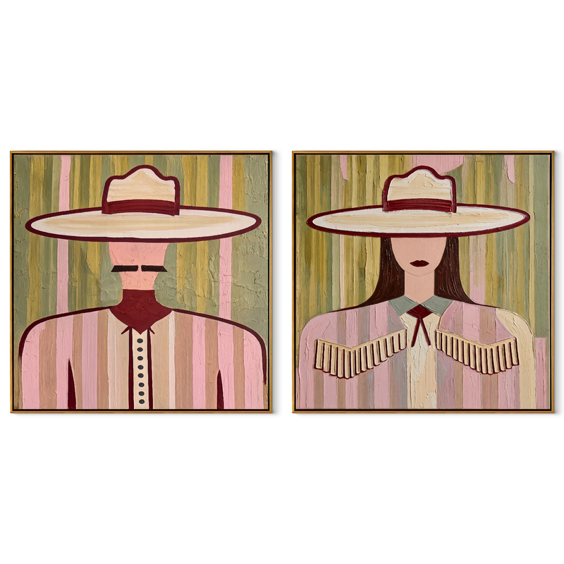 Pastel Brims Close Day – pink Western Portrait Diptych Painting | Modern Vintage Americana Set of 2 Wall Art