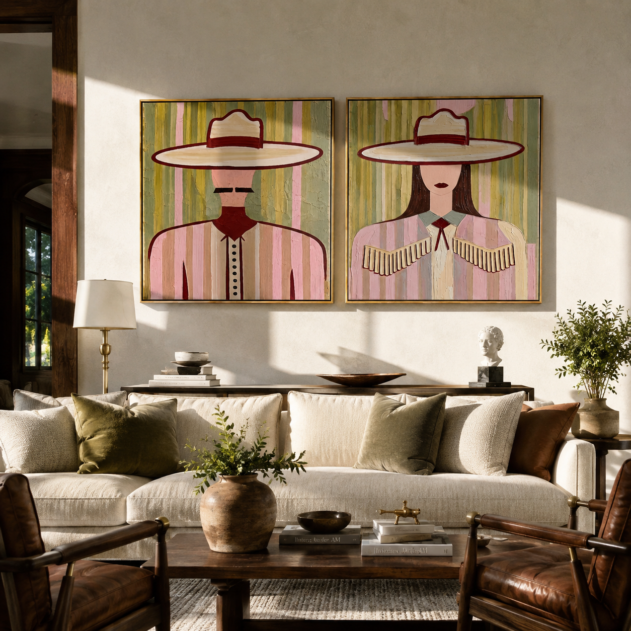 Pastel Brims Close Day diptych presented with natural materials and decor