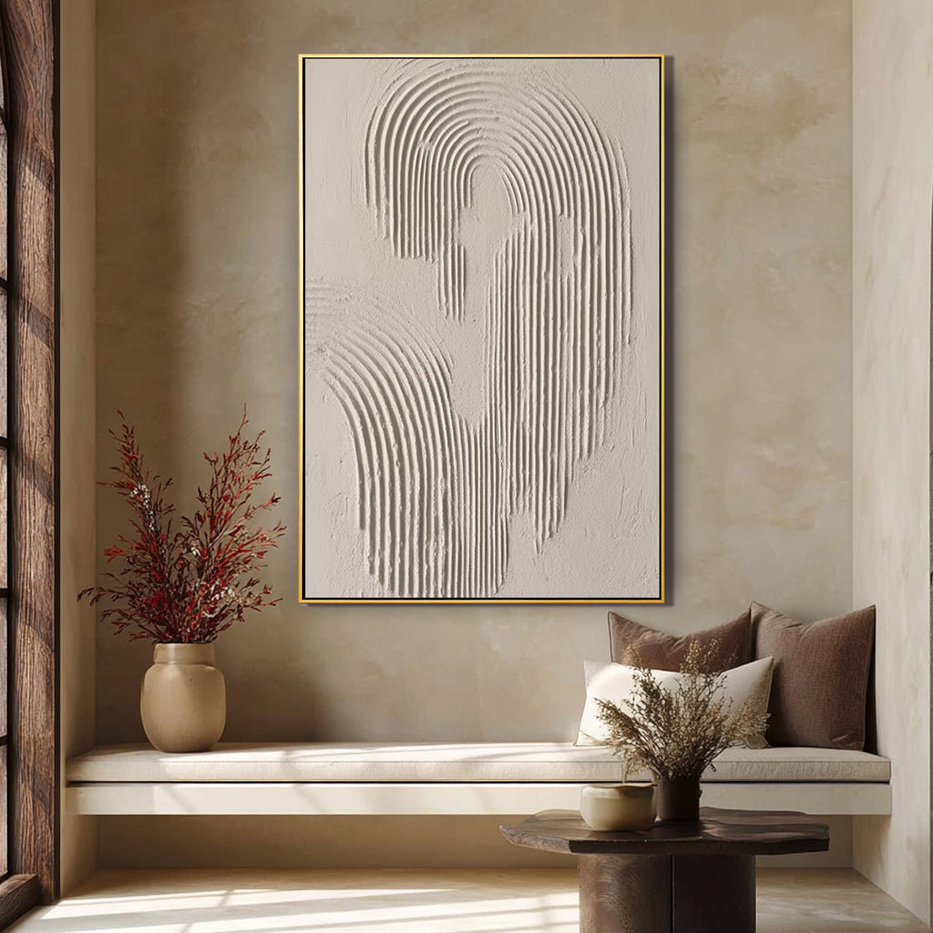 Ripple Echo – Hand-Painted Neutral Sand Plaster Effect Arch Ripple Relief Wabi-Sabi Painting | Japandi Organic Wabi-Sabi Living Room & Hallway Art