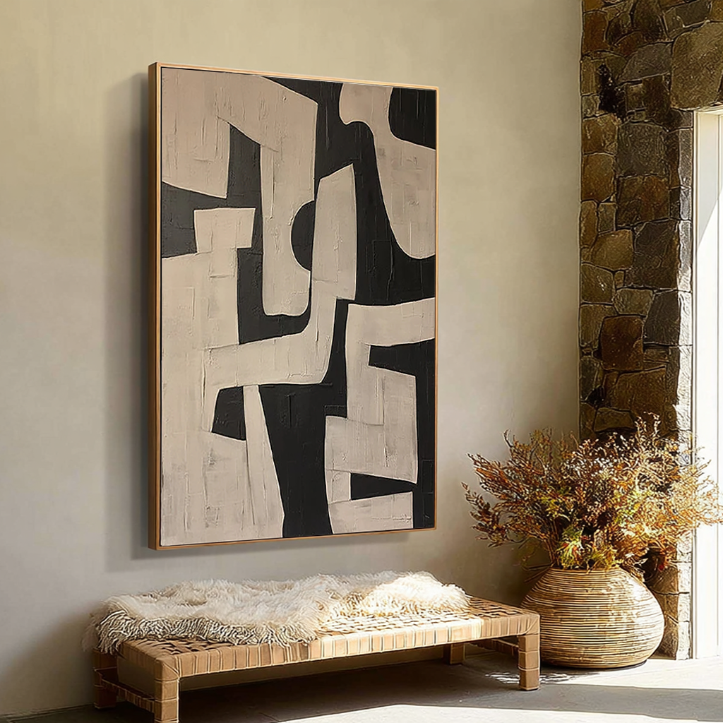 Earthen Relic – Hand-Painted Distressed Beige and Black Wabi-Sabi Painting | Japandi Organic Wabi-Sabi Living Room & Hallway Art