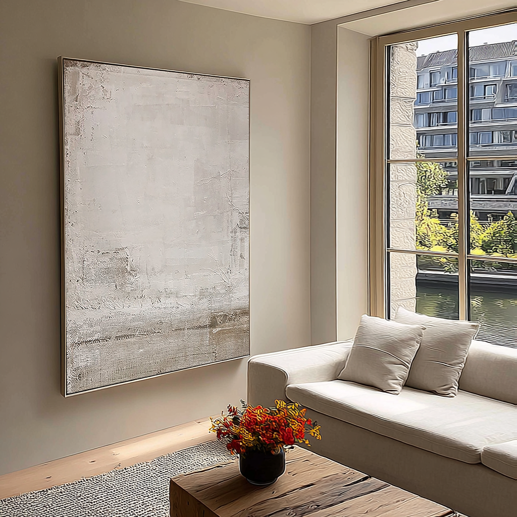 Ancient Vestige – Hand-Painted Distressed Grey and White Plaster Effect Wabi-Sabi Painting | Japandi Wabi-Sabi Living Room & Bedroom Art