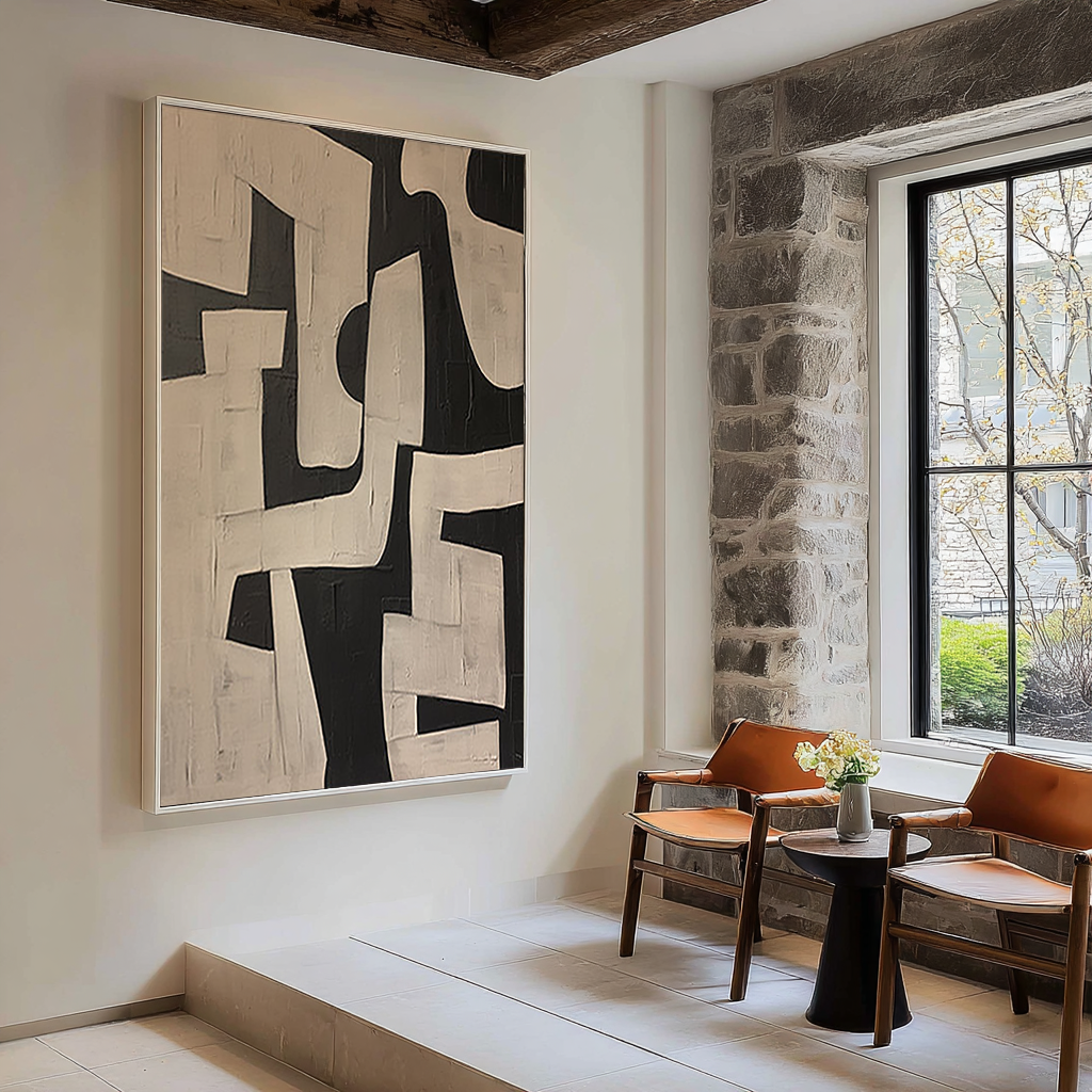 Urban Monolith – Hand-Painted Black and Tan Geometric Shapes Wabi-Sabi Painting | Japandi Wabi-Sabi Living Room & Bedroom Art