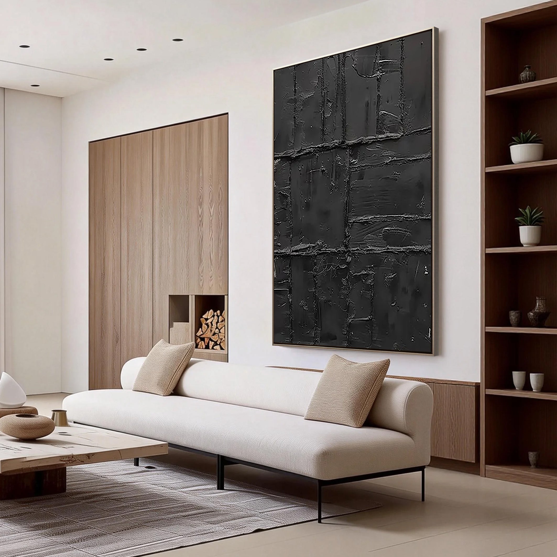 Noir Vestige – Hand-Painted All-Black Distressed Plaster Effect Relief Wabi-Sabi Painting | Modern Noir Wabi-Sabi Living Room & Home Office Art