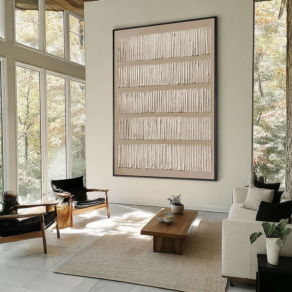 Linear Rhythm – Hand-Painted Neutral Tone Line Plaster Relief Texture Painting | Japandi Organic Texture Living Room & Bedroom Art