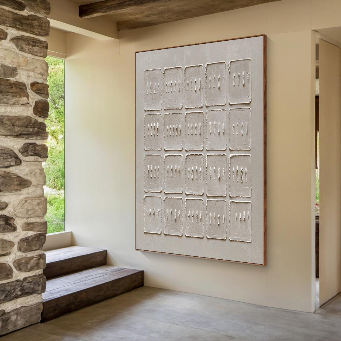 Ordered Blocks – Hand-Painted Minimalist Beige Geometric Relief Plaster Effect Wabi-Sabi Painting | Japandi Organic Wabi-Sabi Living Room & Hallway Art