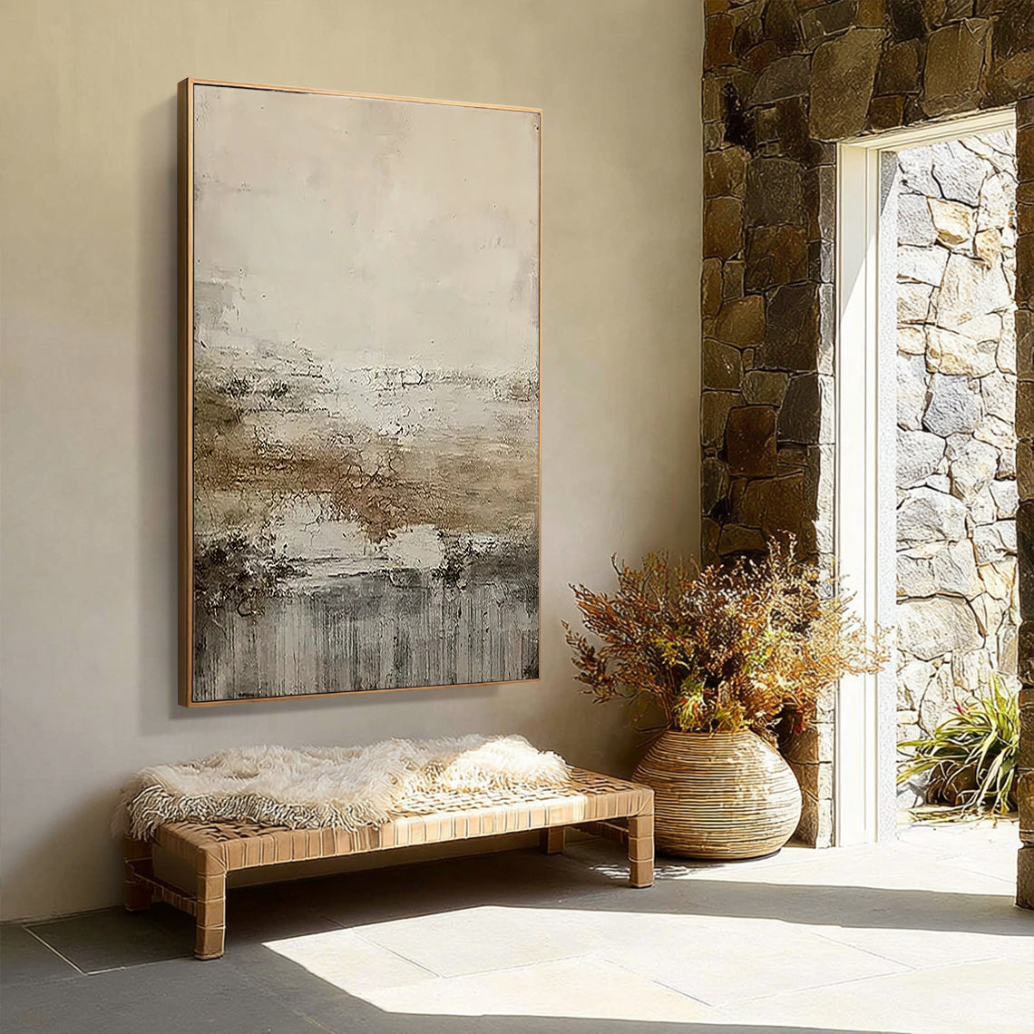 Earthen Mist – Hand-Painted Distressed Brown and Beige Plaster Effect Abstract Painting | Japandi Organic Wabi-Sabi Living Room & Hallway Art