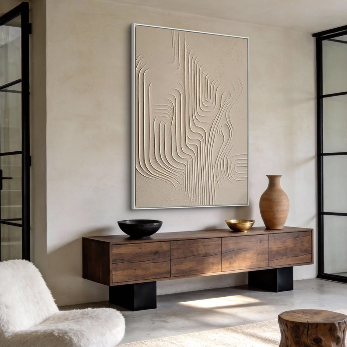 Zen Ripple – Hand-Painted Minimalist Beige Plaster Effect Relief Wabi-Sabi Painting | Japandi Organic Wabi-Sabi Living Room & Hallway Art