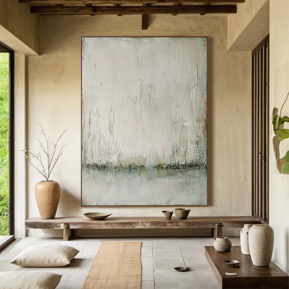 Creamy Silence – Hand-Painted Minimalist Beige Distressed Plaster Effect Wabi-Sabi Painting | Japandi Organic Wabi-Sabi Living Room & Hallway Art
