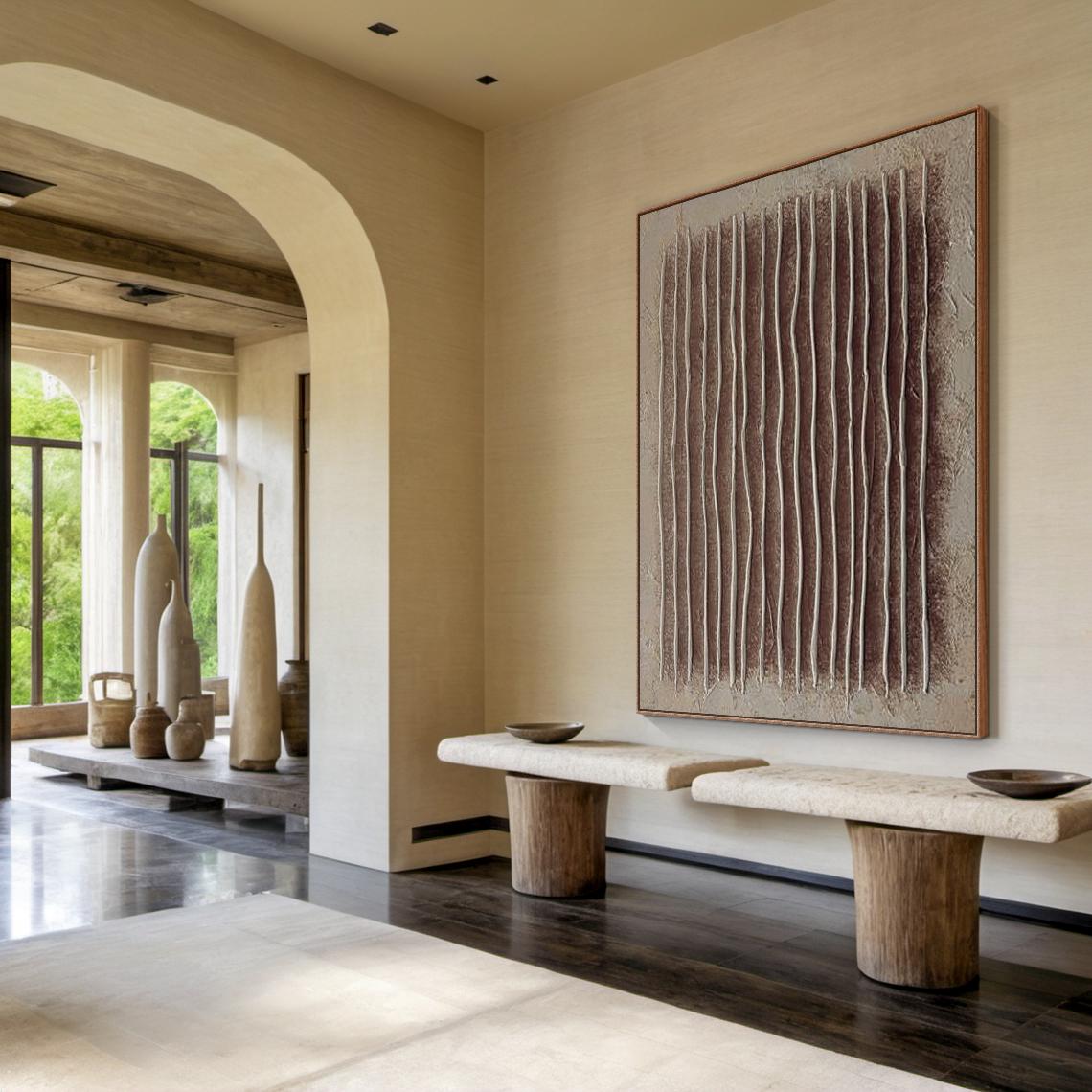 Vertical Echo – Hand-Painted Earthy Red and Beige Line Plaster Effect Wabi-Sabi Painting | Japandi Organic Wabi-Sabi Living Room & Hallway Art