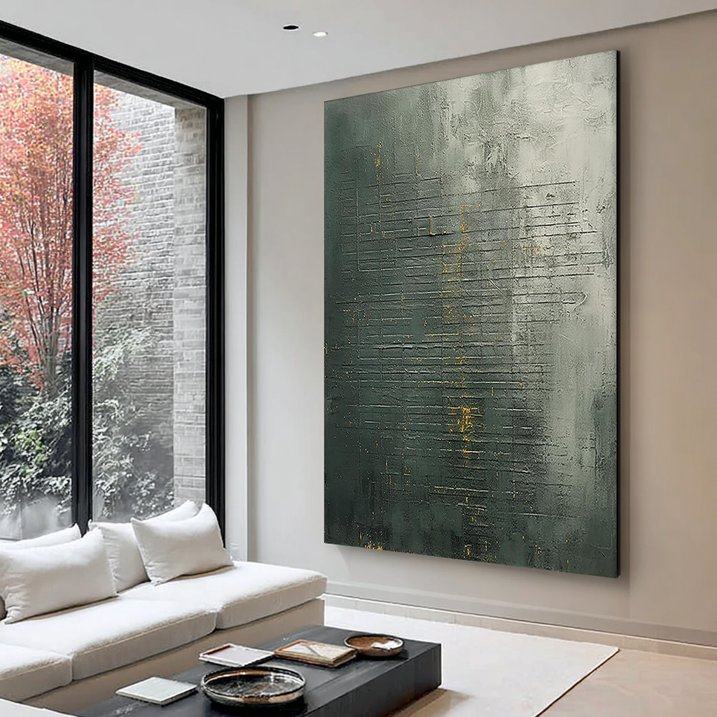 Golden Patina – Hand-Painted Distressed Dark Green Gold Foil Plaster Relief Wabi-Sabi Painting | Japandi Wabi-Sabi Living Room & Bedroom Art