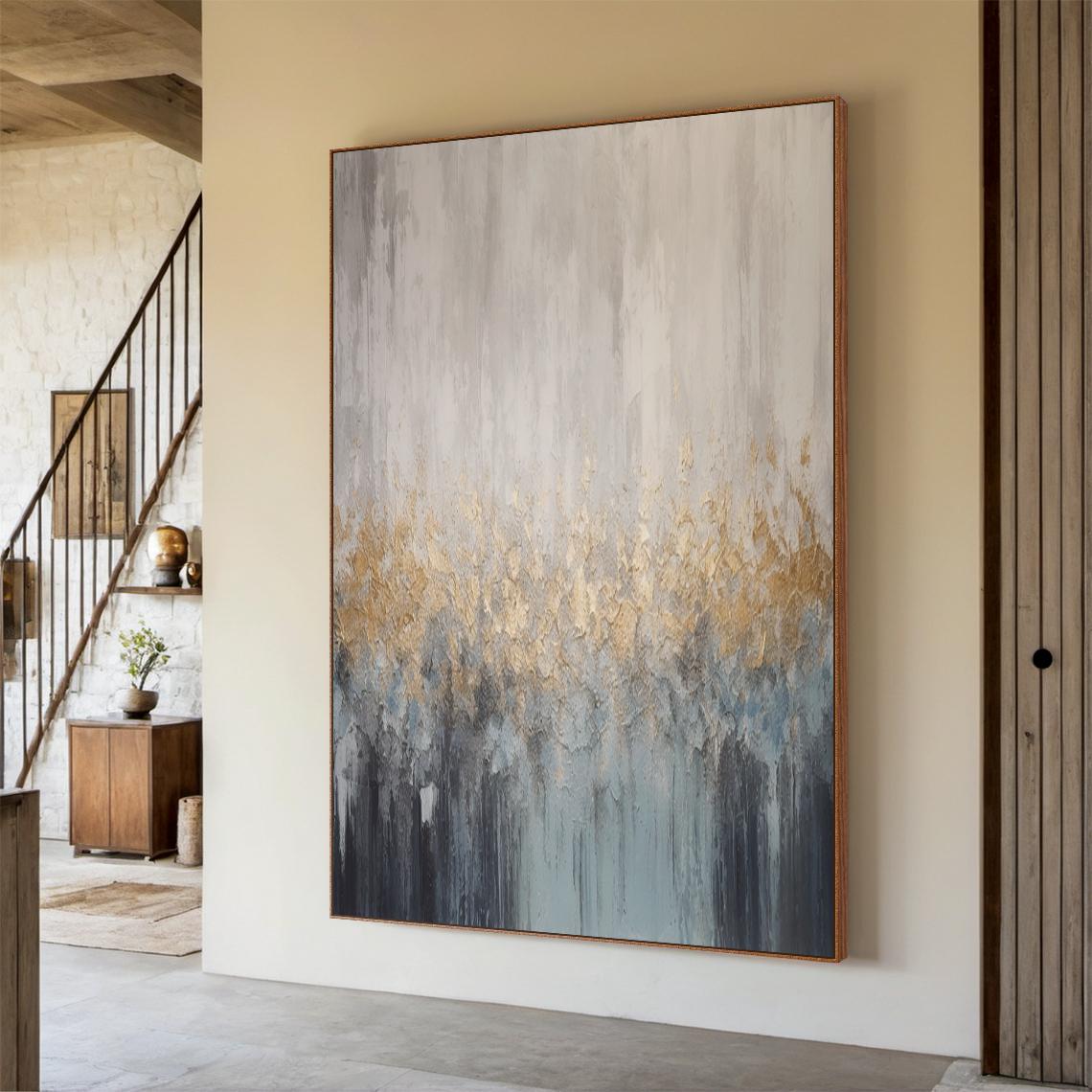 Golden Mist – Hand-Painted Grey and Gold Foil Abstract Plaster Effect Wabi-Sabi Painting | Japandi Wabi-Sabi Living Room & Bedroom Art