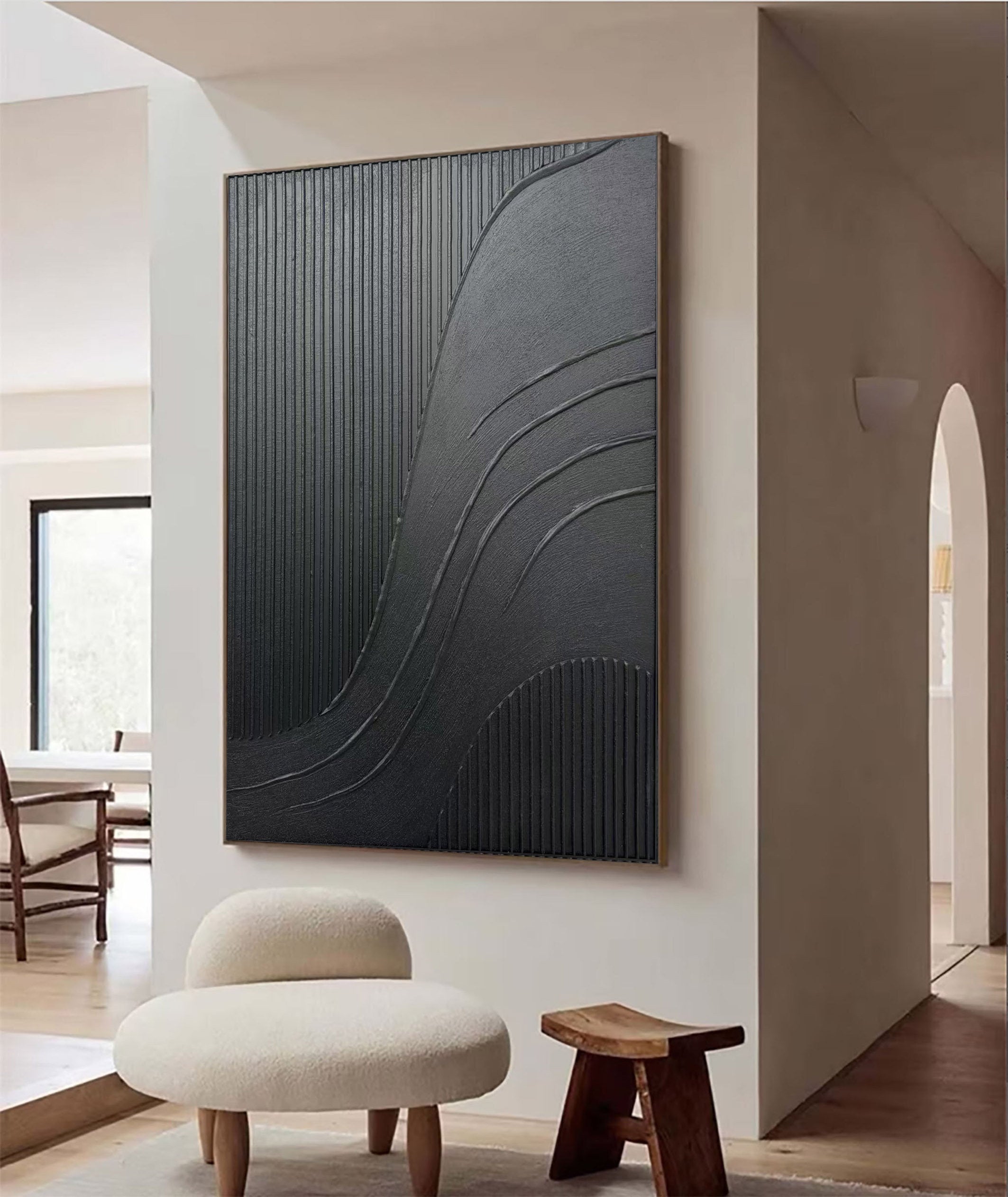 Obsidian Flow – Hand-Painted Pure Black Plaster Effect Multi-Layered Relief Wabi-Sabi Painting | Modern Noir Wabi-Sabi Living Room & Home Office Art