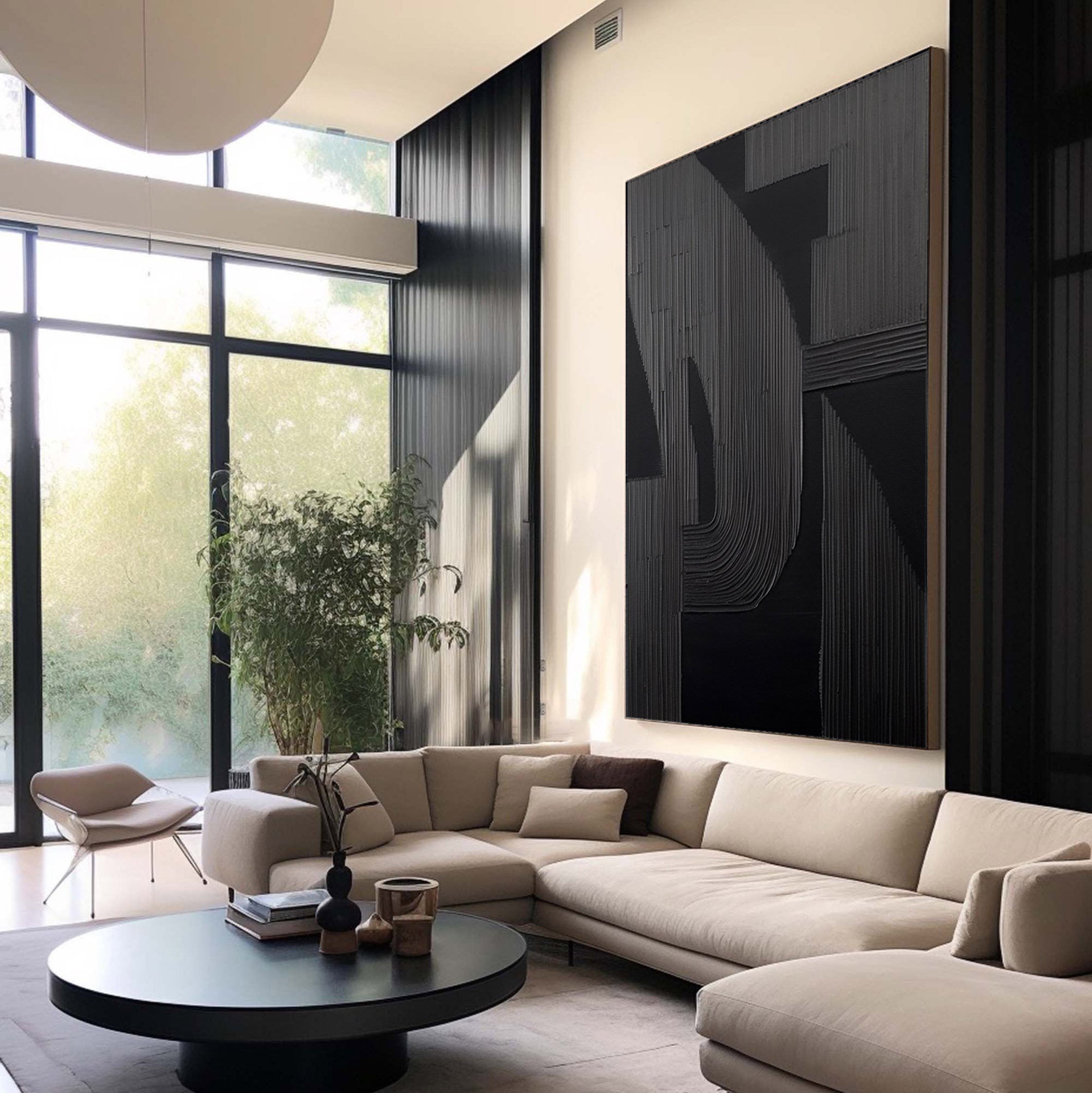 Shadow Arch – Hand-Painted Matte Black Fluted Texture 3D Relief Wabi-Sabi Painting | Japandi Wabi-Sabi Living Room & Bedroom Art