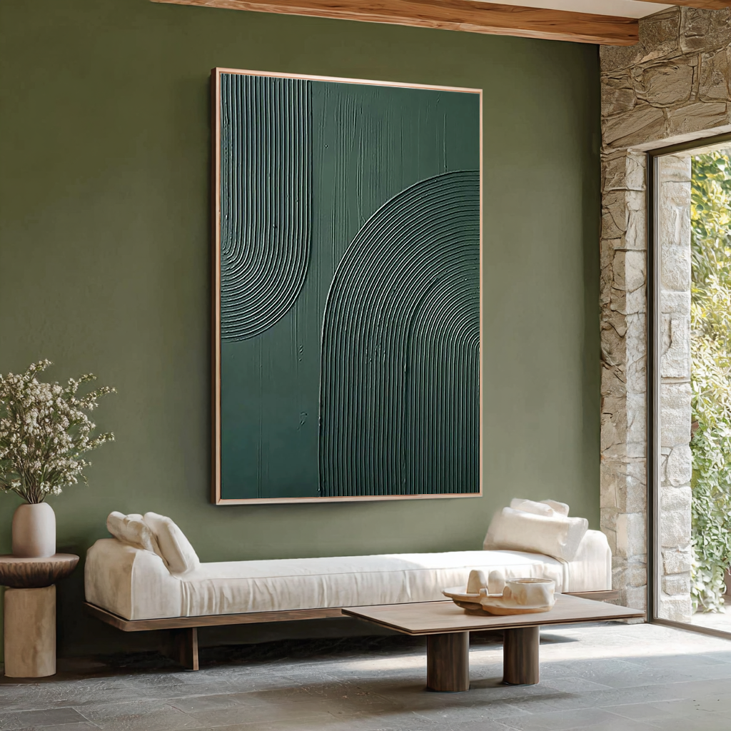 Archway Rhythm – Hand-Painted Sage Green Geometric Arch Line Relief Wabi-Sabi Painting | Japandi Wabi-Sabi Living Room & Bedroom Art