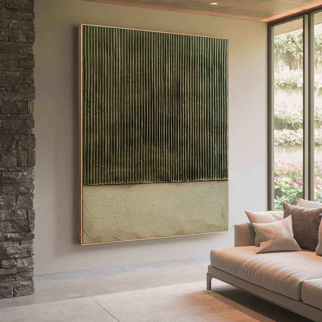 Vertical Zen – Hand-Painted Olive Green Fluted Texture Plaster Effect Abstract Wabi-Sabi Painting | Japandi Wabi-Sabi Living Room & Bedroom Art