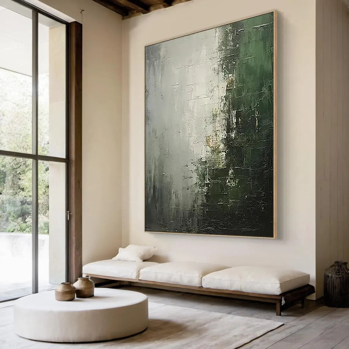 Forest Mist – Hand-Painted Dark Green and Grey Plaster Effect Wabi-Sabi Painting | Contemporary Landscape Living Room & Dining Room Art