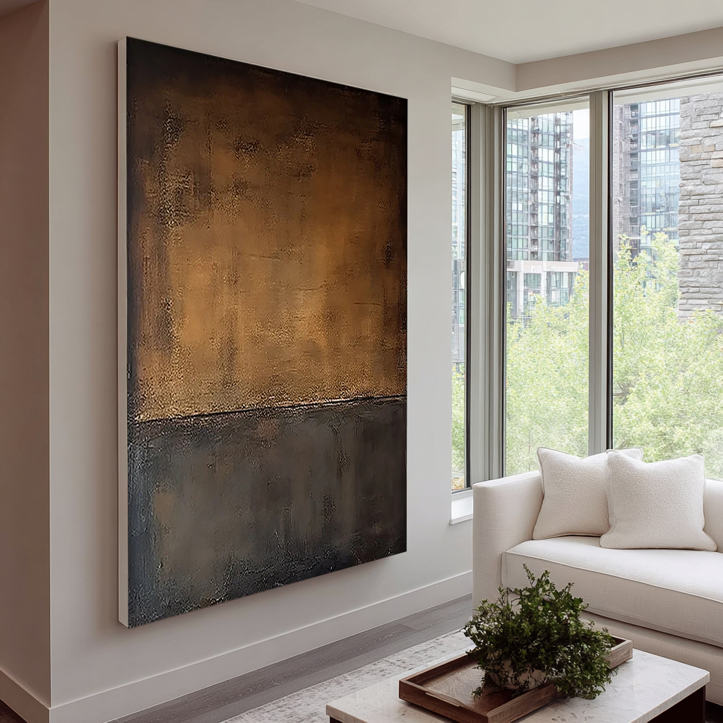 Earthen Dusk – Hand-Painted Coffee Brown and Charcoal Black Minimalist Plaster Relief Wabi-Sabi Painting | Modern Noir Wabi-Sabi Living Room & Home Office Art