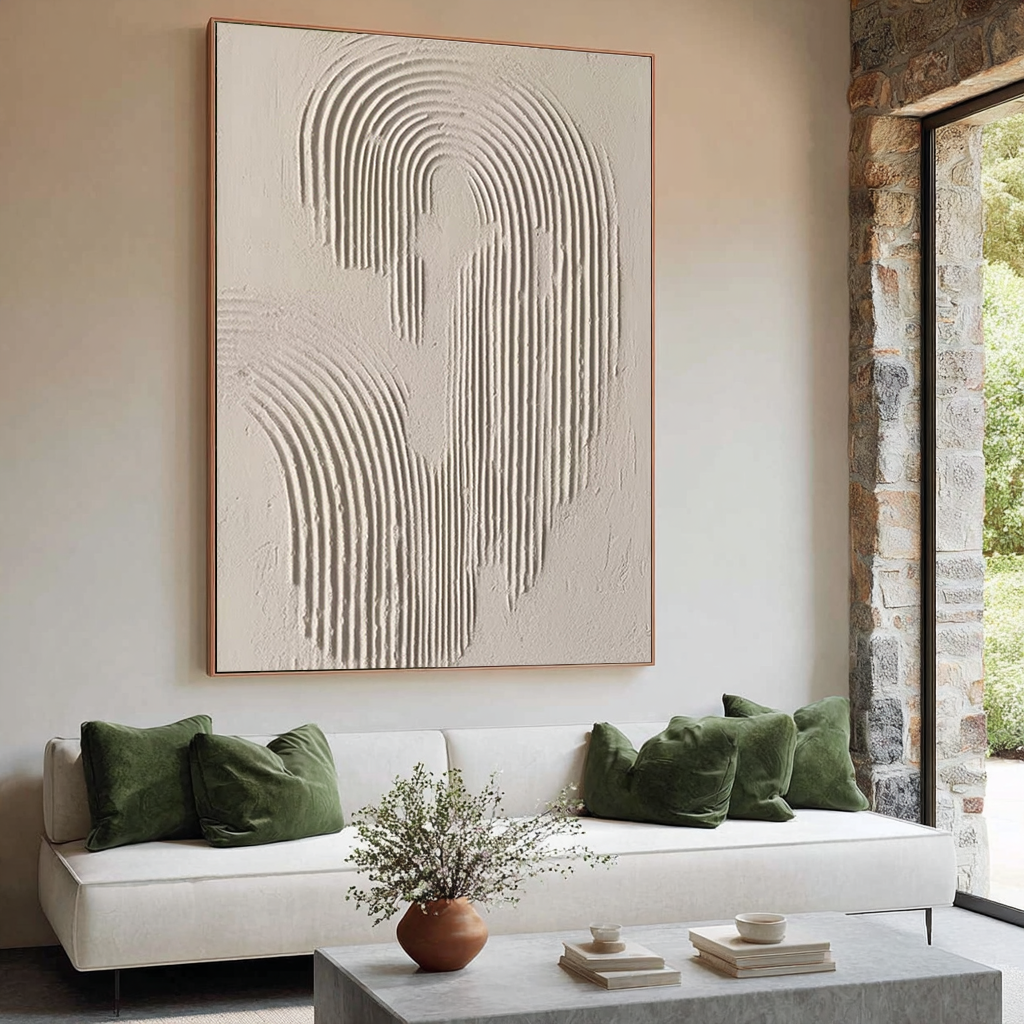 Ripple Echo – Hand-Painted Neutral Sand Plaster Effect Arch Ripple Relief Wabi-Sabi Painting | Japandi Organic Wabi-Sabi Living Room & Hallway Art