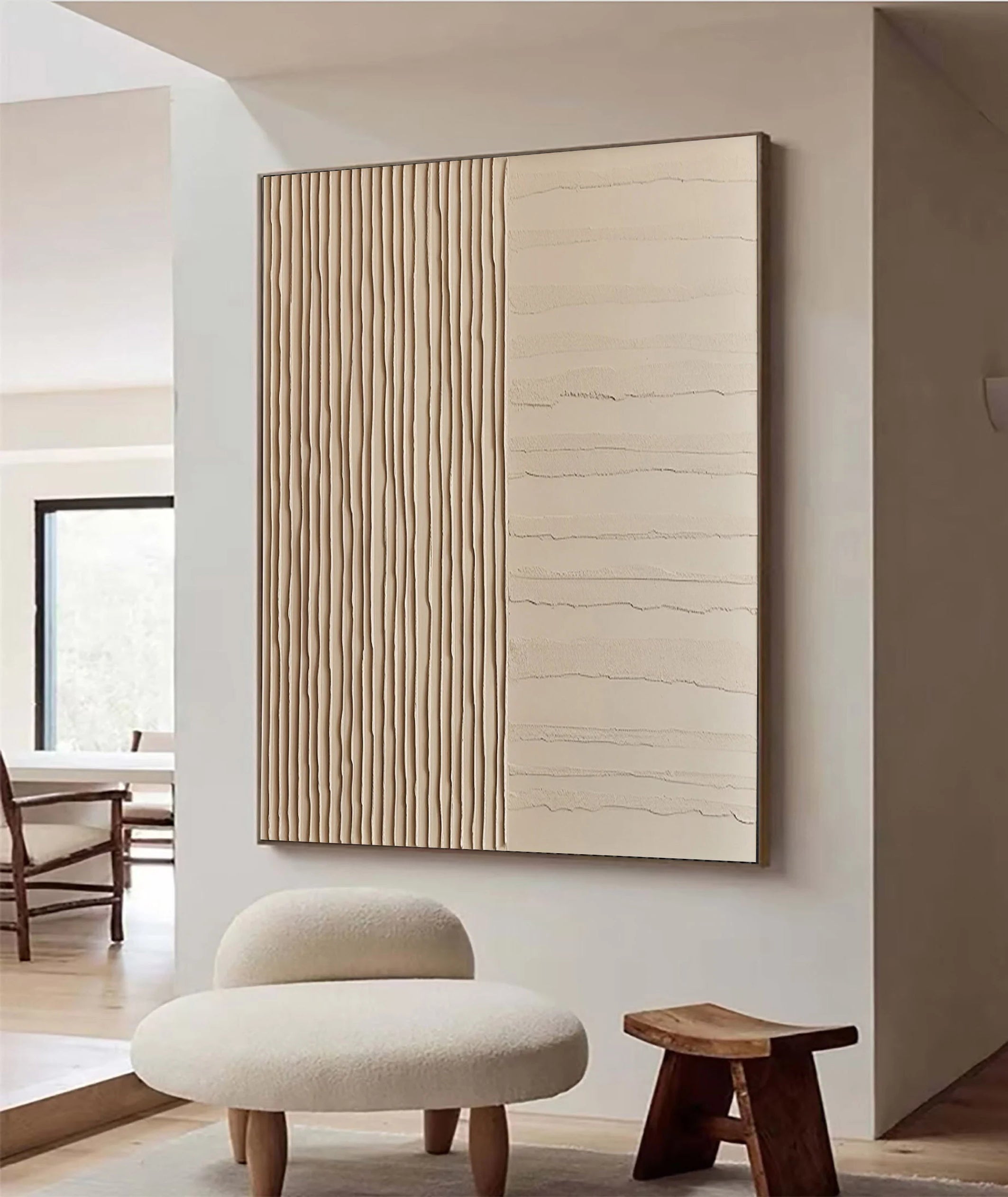 Linear Harmony – Hand-Painted Minimalist Beige Line Plaster Effect Relief Wabi-Sabi Painting | Japandi Organic Wabi-Sabi Living Room & Hallway Art